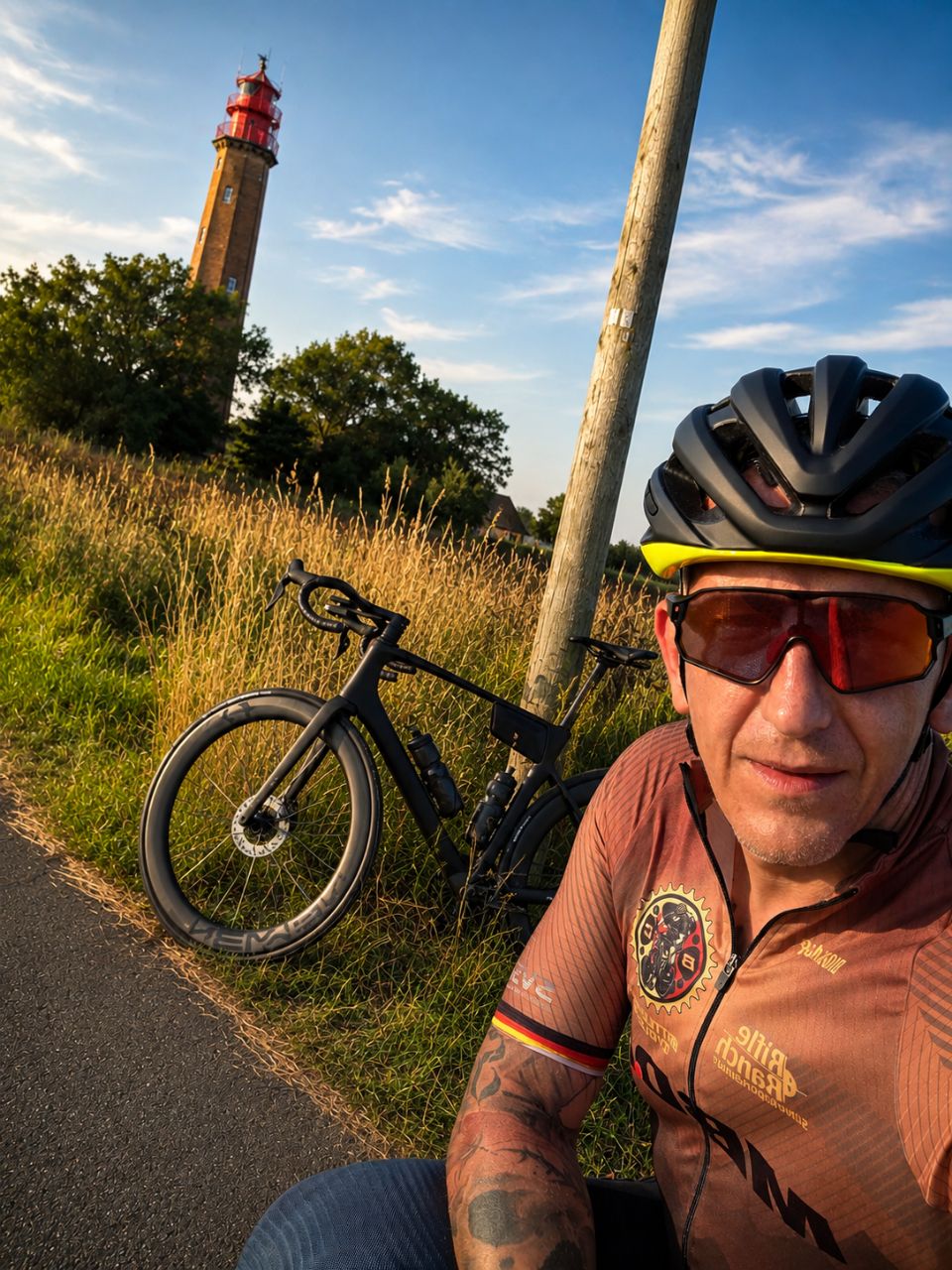 Michael beim Radfahren an einem Leuchtturm